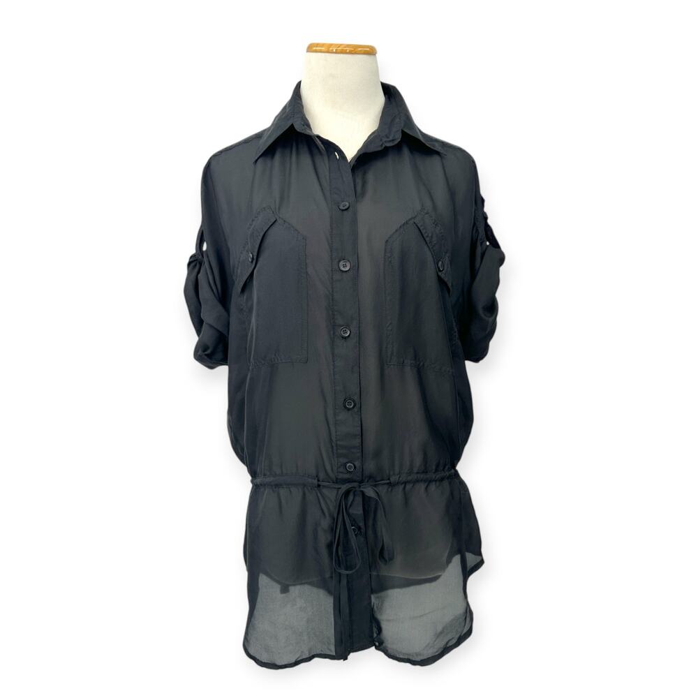 METROPARK | M | Semi-Sheer Silk Roll-Sleeve Cinch Tie Waist Button Down Blouse